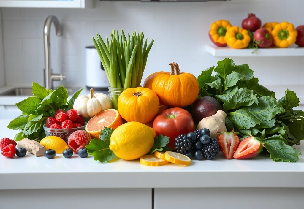 Fresh fruits and vegetables arranged on a kitchen counter, symbolizing healthy eating.