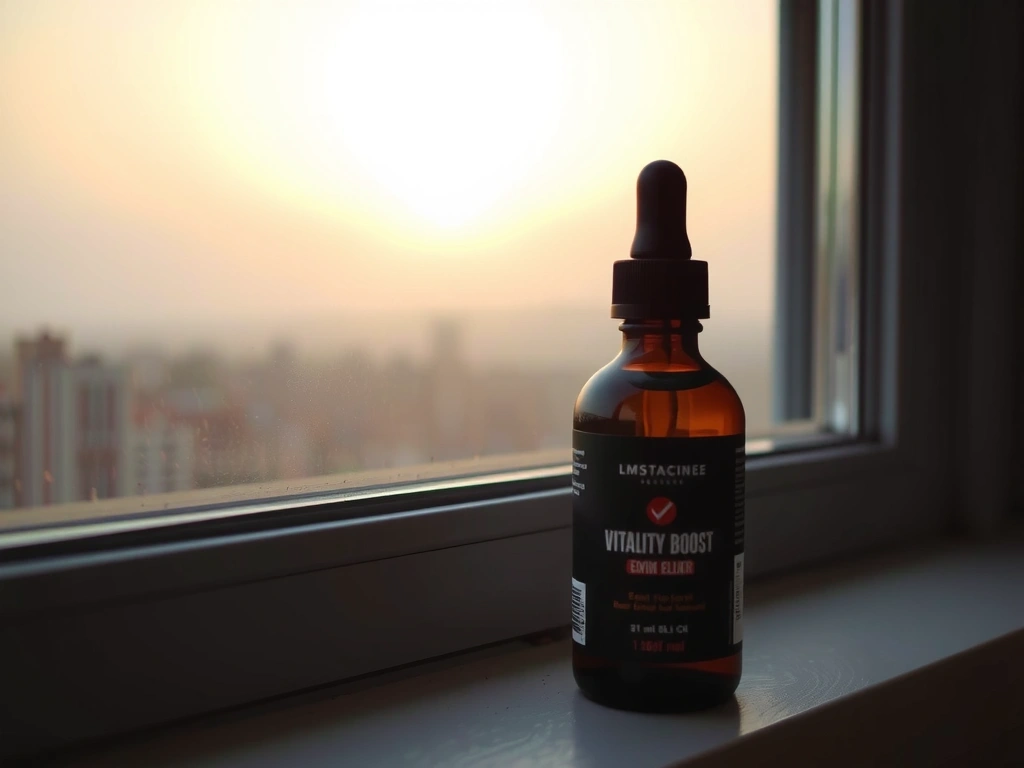 Vitalityglowspainbpro Boost Elixir bottle with a morning sunrise background.